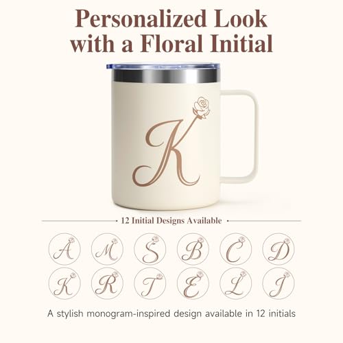 Beige Personalized Monogram K Floral 12oz Insulated Travel Mug with Handle & Lid