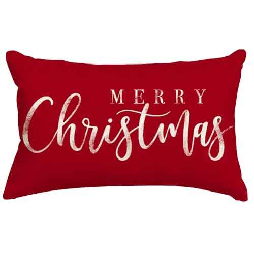 RABUSOFA Merry Christmas Pillow Covers 12x20 Inch,Red Xmas Decor Winter Holiday Outdoor Lumbar Cushion Case Decoration for Home Sofa (Red, 20" x 12" (Pack of 1))