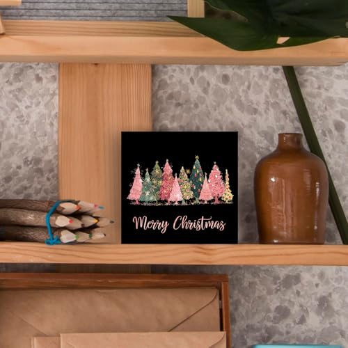 Pink Christmas Wood Box Sign - Merry Christmas Tree Decor for Home & Office