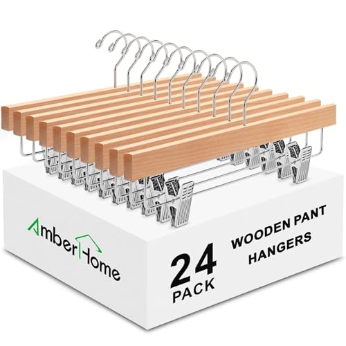 Amber Home 24 Pack Wooden Pants Hangers with Adjustable Clips, 14"