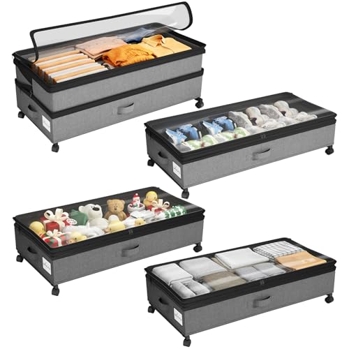 Kitstorack 4 Pack Gray Under Bed Storage Containers with Wheels & Clear Window