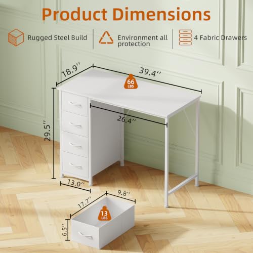 White Small Computer Desk with 4 Drawers - 39 Inch Home Office Workspace