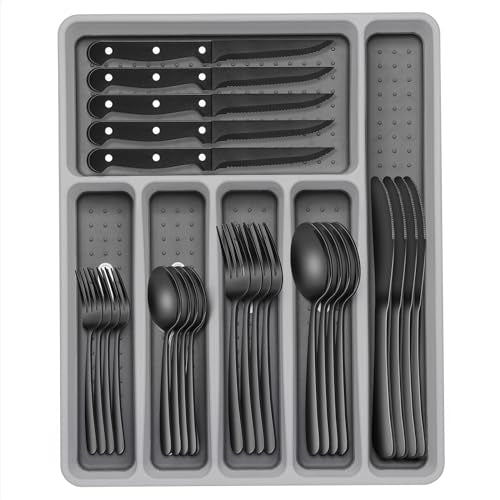 EWFEN Black Heavy Duty 49-Piece Silverware Set with Organizer for 8, Rust-Proof Stainless Steel Flatware