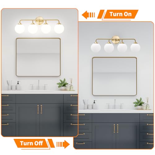 Gold 4-Light Bathroom Vanity Light Fixture with Milky White Glass Shades - Reversible Mounting