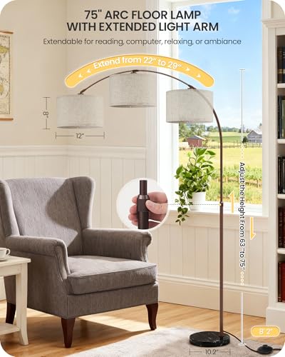 75-Inch Dimmable Arc Floor Lamp with Marble Base, Adjustable Height, Beige, Brown Variation