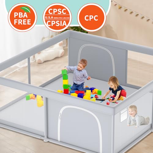 XVISHX 79x79 Inch Extra Large Baby Playpen with Soft Breathable Mesh, No Mat, Grey