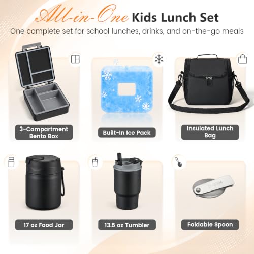 Kids Lunch Box Set with Stainless Steel Food Jar & Water Bottle - Black