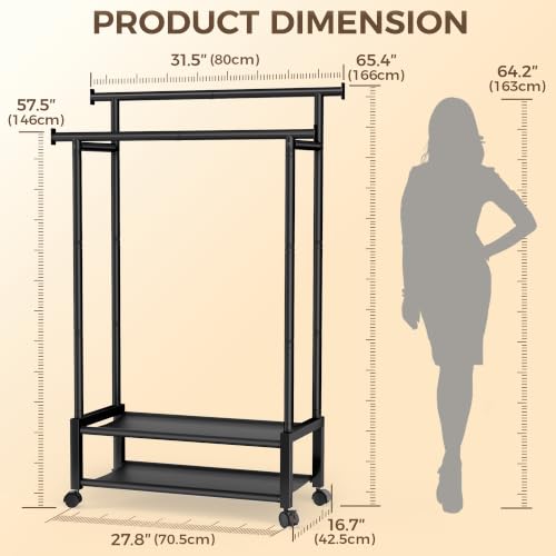 SpaceHidden Black Double Rod Clothing Rack with 2 Shelves, Rolling, Wobble-Free