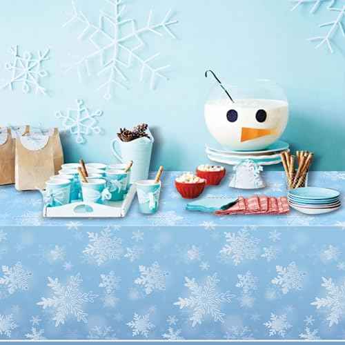 3 Pack Winter Snowflake Plastic Tablecloth Decorations, Light Blue Snowflake Winter Wonderland Disposable Table Cover for Christmas Holiday New Year Party Supplies Decorations, 54 x 108 Inch