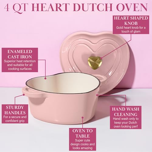 Paris Hilton Pink Heart-Shaped 4-Quart Enameled Cast Iron Dutch Oven with Lid