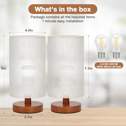 Fenmzee Cream Shade Small Desk Lamps Set of 2 with Walnut Bases, 9-Inch, Inline Control