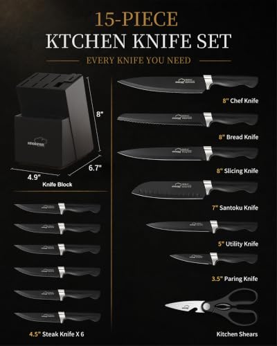 15-Piece Kitchen Knife Set with Block - Sharp Stainless Steel Blades