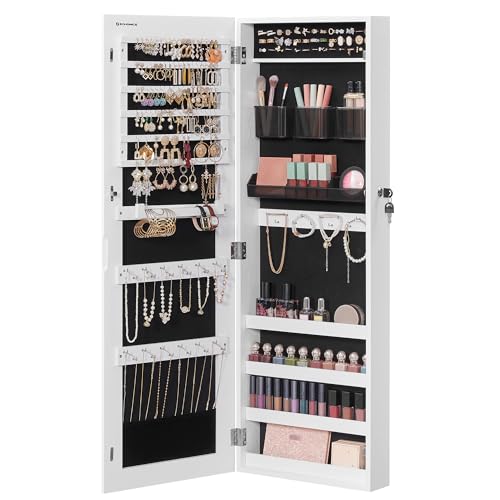 White 42.5-Inch Wall-Mounted Jewelry Cabinet Armoire with Mirror & Lockable Storage
