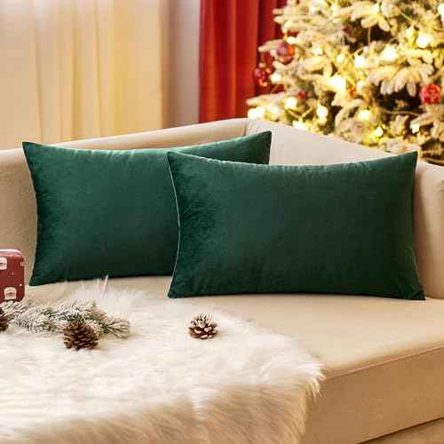 EMEMA Pack of 2 Velvet Christmas Throw Pillow Covers Decorative Rectangle Pillowcase Soft Solid Cushion Case for Sofa Bedroom Chair Car 12x20 Inch Dark Green
