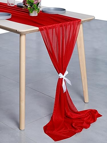 VDS 10ft x 12PC Red Chiffon Table Runner Set for Wedding & Events