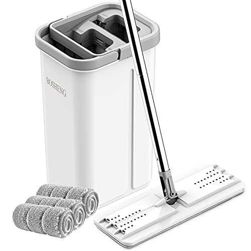 White Mop and Bucket Set with 3 Microfiber Pads - Hands-Free Flat Floor Cleaning System