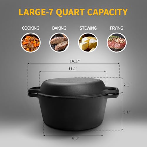 7QT Pre-Seasoned Cast Iron Dutch Oven with Skillet Lid - 2-in-1 Cooking Pot for Baking, Frying, Camping