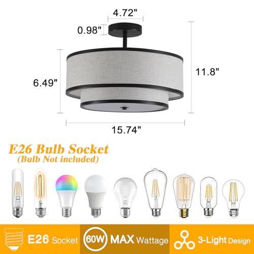 Black Semi Flush Mount Ceiling Light with Double Drum Fabric Shade - Modern Farmhouse Chandelier for Bedroom, Kitchen, Hallway