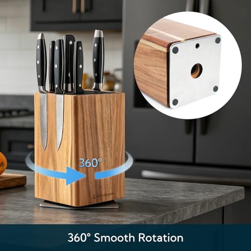 KITCHENDAO Magnetic Knife Block - Fixed Parallel Slot, 360° Rotary Acacia Wood, Large Capacity Kitchen Organizer
