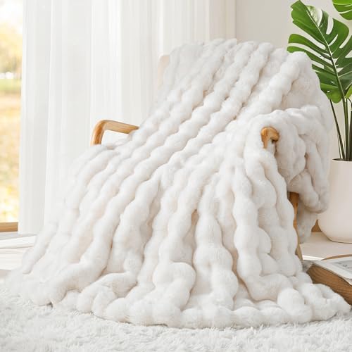 Touchat White Queen 90x90 Faux Fur Blanket - Ultra Soft Cozy Reversible Mink Throw for Couch & Bed