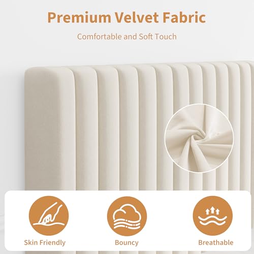 Beige Twin Bed Frame with Adjustable Velvet Headboard - Modern Platform Bed