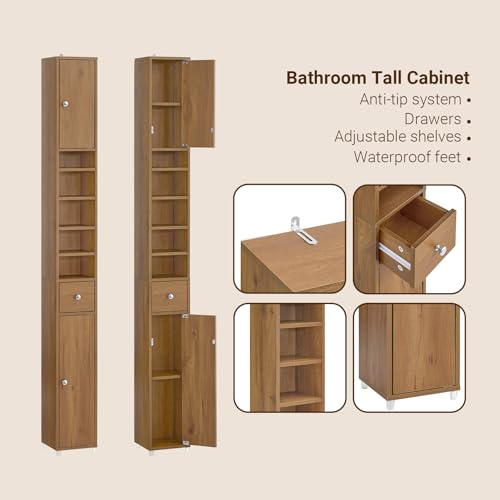 Natural Narrow Bathroom Storage Cabinet with Adjustable Shelves - Tall Floor Unit