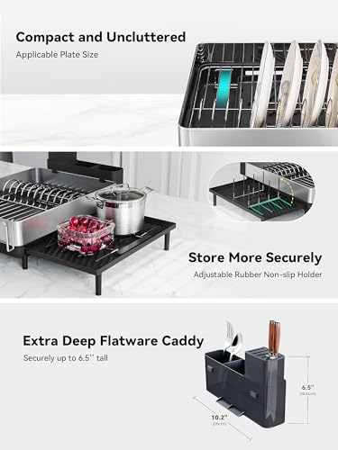 Expandable Dish Drying Rack with Flip-Up Holders - Black + Silver