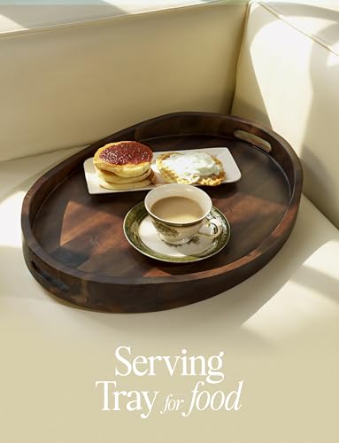 Tidita Walnut Acacia Oval Wooden Serving Tray with Handles 16.5x13 inches