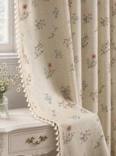 Blackout Floral Curtains - Linen Texture, 84 Inch, 2 Panels - Vintage Boho Farmhouse Style