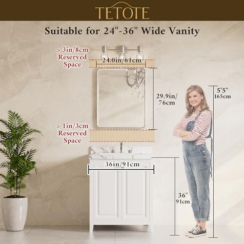 24x30 Inch Brushed Nickel Bathroom Mirror - Beveled Edge, Rounded Corners, Tempered Glass, Over Sink