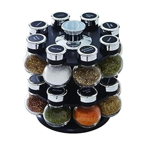 16-Jar Revolving Spice Rack with Clear Labeled Caps & Removable Sifters