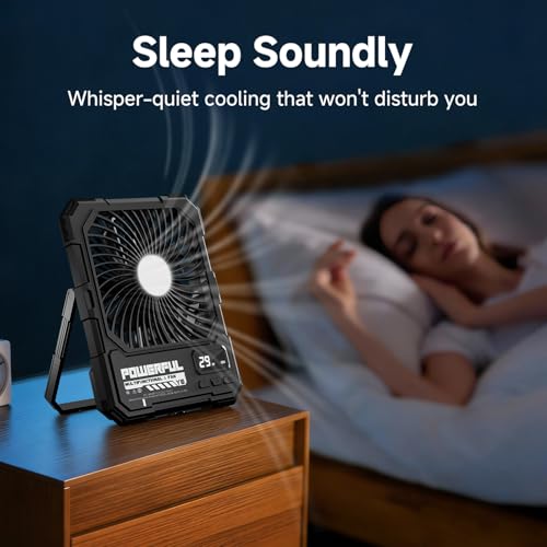 Rechargeable Battery Fan with LED Light - 20000mAh Portable Camping Fan Black