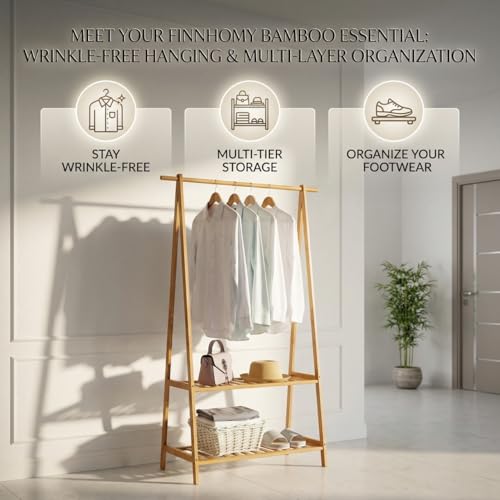 Finnhomy Bamboo Clothes Rack Portable Extra Large Garment Organizer with 2-Tier Shelves