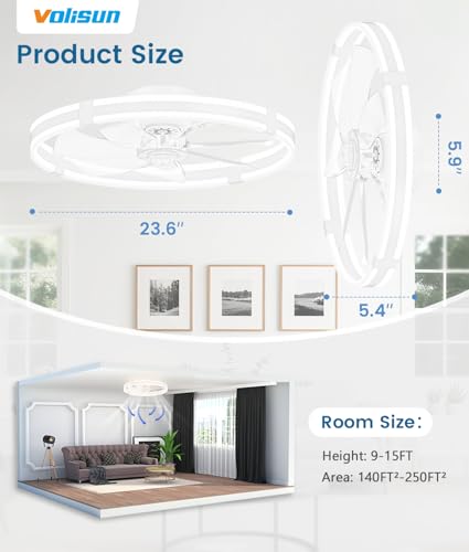 VOLISUN White 23.6-inch Low Profile Ceiling Fan with Dimmable Light & Remote