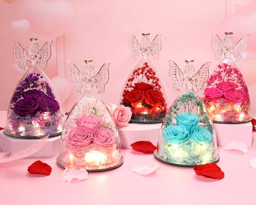 Tiaronics Purple Preserved Rose Gift in Glass Angel Figurine for Women, Mother's Day