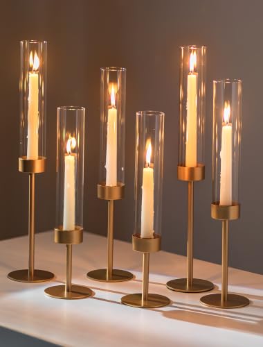 Romadedi Set of 6 Gold Glass Hurricane Candle Holders - Elegant Taper Candle Stands