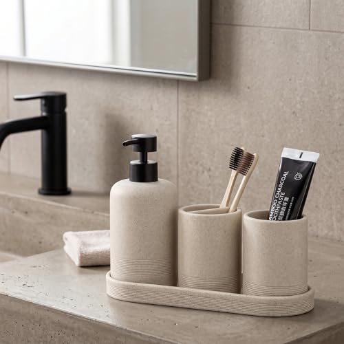 Haocoott Beige 4-Piece Sandstone Look Bathroom Accessory Set - Modern Organizer