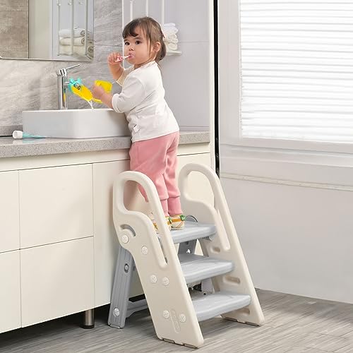 Onasti Gray Foldable 3-Step Stool for Kids Bathroom & Kitchen Helper, Adjustable & Space-Saving