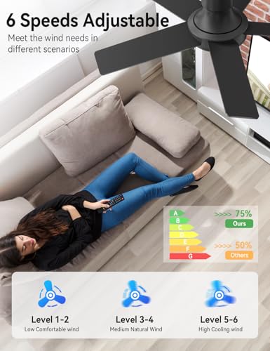 AKOFUN 44 Inch Black Ceiling Fan with Lights, Remote, Dimmable LED, Quiet DC Motor