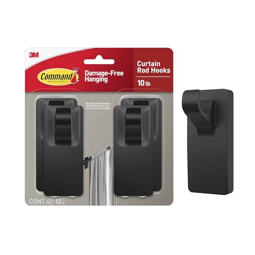 Command Medium Black Curtain Rod Hooks with 4 Hooks and 12 Strips - Damage-Free Installation