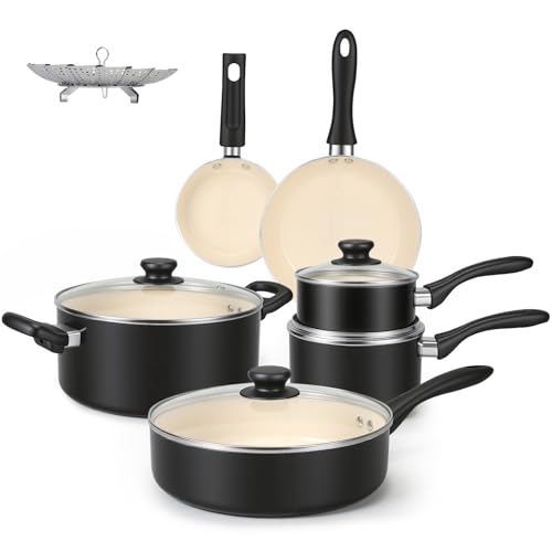 11-Piece Non-Stick Ceramic Cookware Set with Glass Lids - Dishwasher & Oven Safe