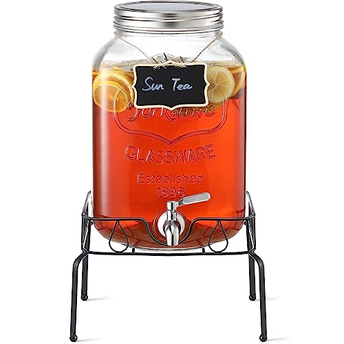 2 Gallon Glass Beverage Dispenser with Stand & Lid - Mason Jar Style, Stainless Steel Spigot