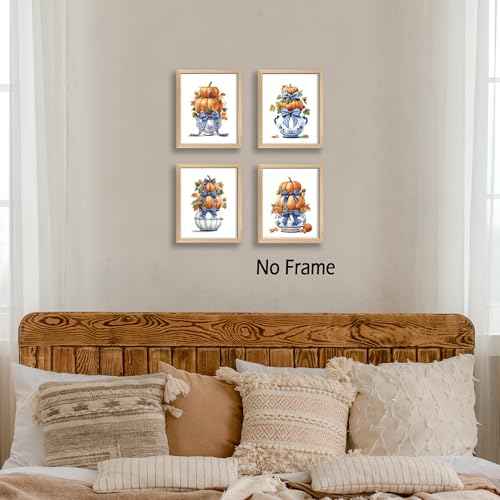 KSDUT Chinoiserie Pumpkin Wall Art Decor Set of 4 - Autumn Fall Coquette Artwork Poster Blue Flower Bows Wall Decor for Grandmillennial Home Bedroom Decorations - 8"x10" Unframed