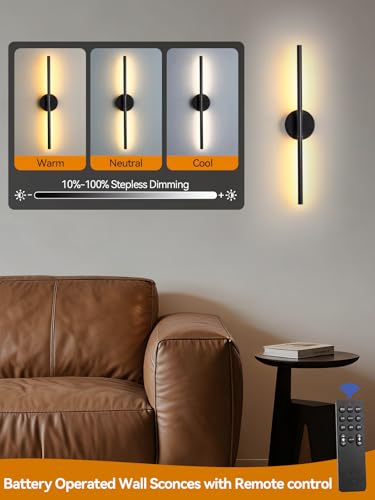 Easesonic Black 24-Inch Battery Operated Wall Sconce Set of 2 with Remote & Touch Control