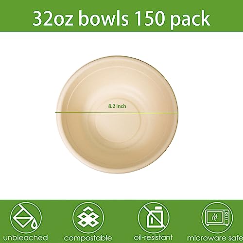 emlifepak 32oz Disposable Salad Bowls 150 Pack Heavy-Duty Eco-Friendly Compostable