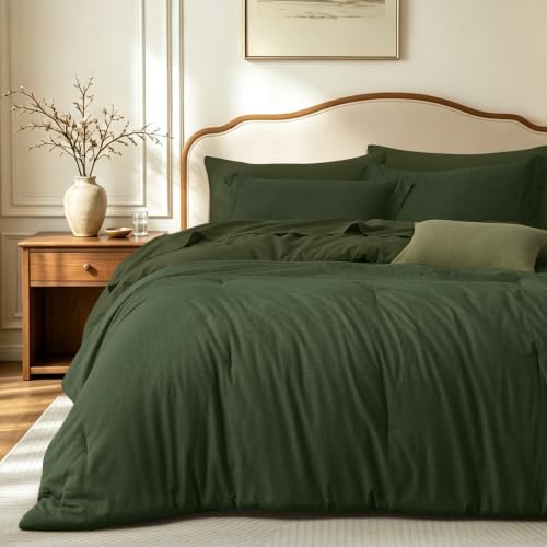 Dark Green King Comforter Set - Upgraded 7-Piece Bed in a Bag with Linen-Like Texture