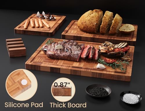 Fibogollo Set of 3 Large Bamboo Kitchen Cutting Boards with Juice Groove - Brown, 15.8 x 11.8 inches