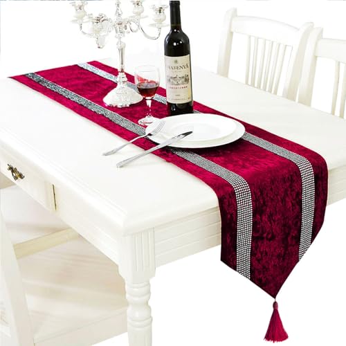 Jiino Burgundy Sequin Velvet Table Runner 13x72 Inches for Holiday & Dinner Decor
