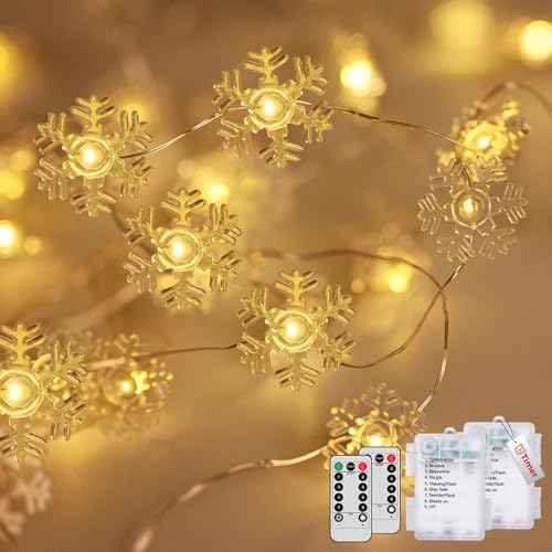 kolpop 2 Pack 50 LED Fairy Lights Battery Operated with Timer, Transparent Snowflakes String Lights Battery Powered with Remote Control Waterproof for Indoor Outdoor Christmas Decorations