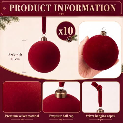 Large Burgundy Velvet Christmas Ball Ornaments, 4 Inch - Pack of 10